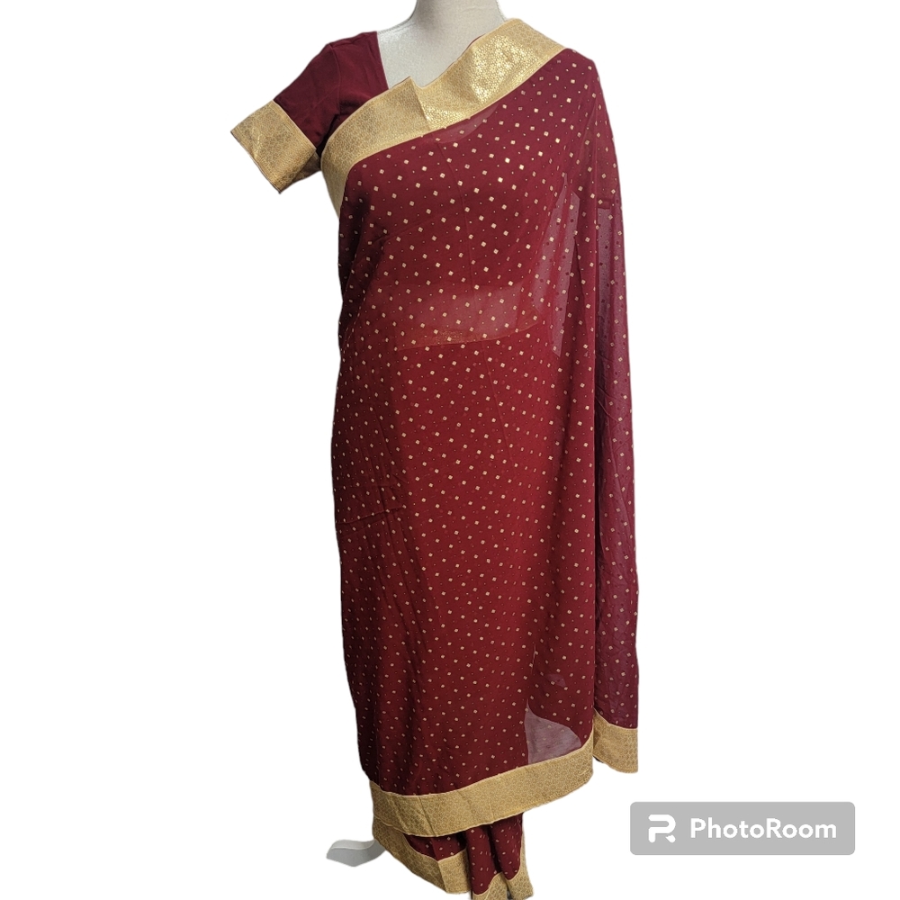 Red/maroon, gold, green, silver polyester saree/sari with sequin border